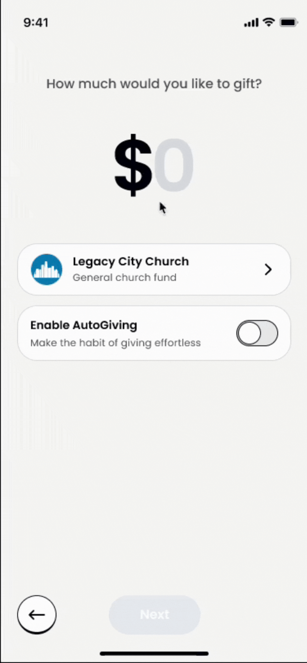 Intelligent Giving interface showing personalized giving recommendation